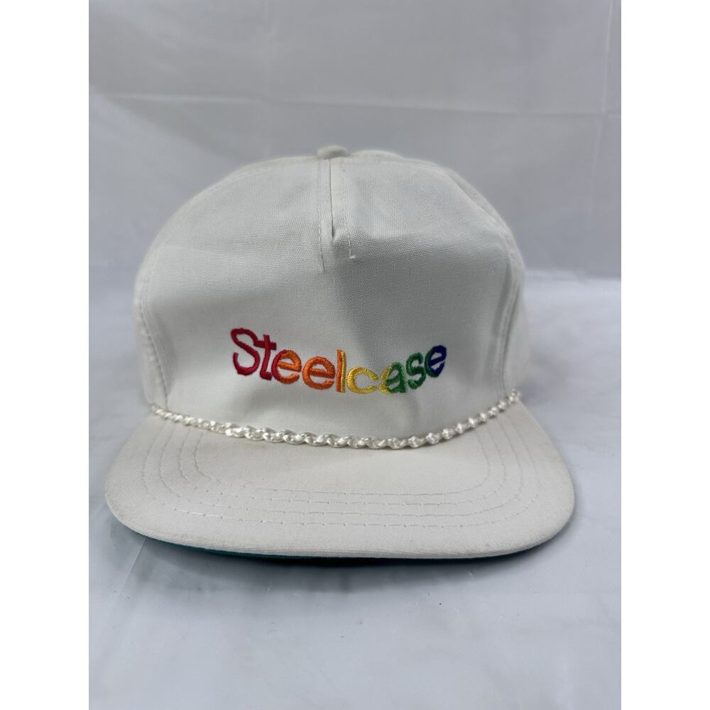 Vintage Steelcase Hat Cap Strap Back White Rope Swagcore USA Rainbow Logo 90's